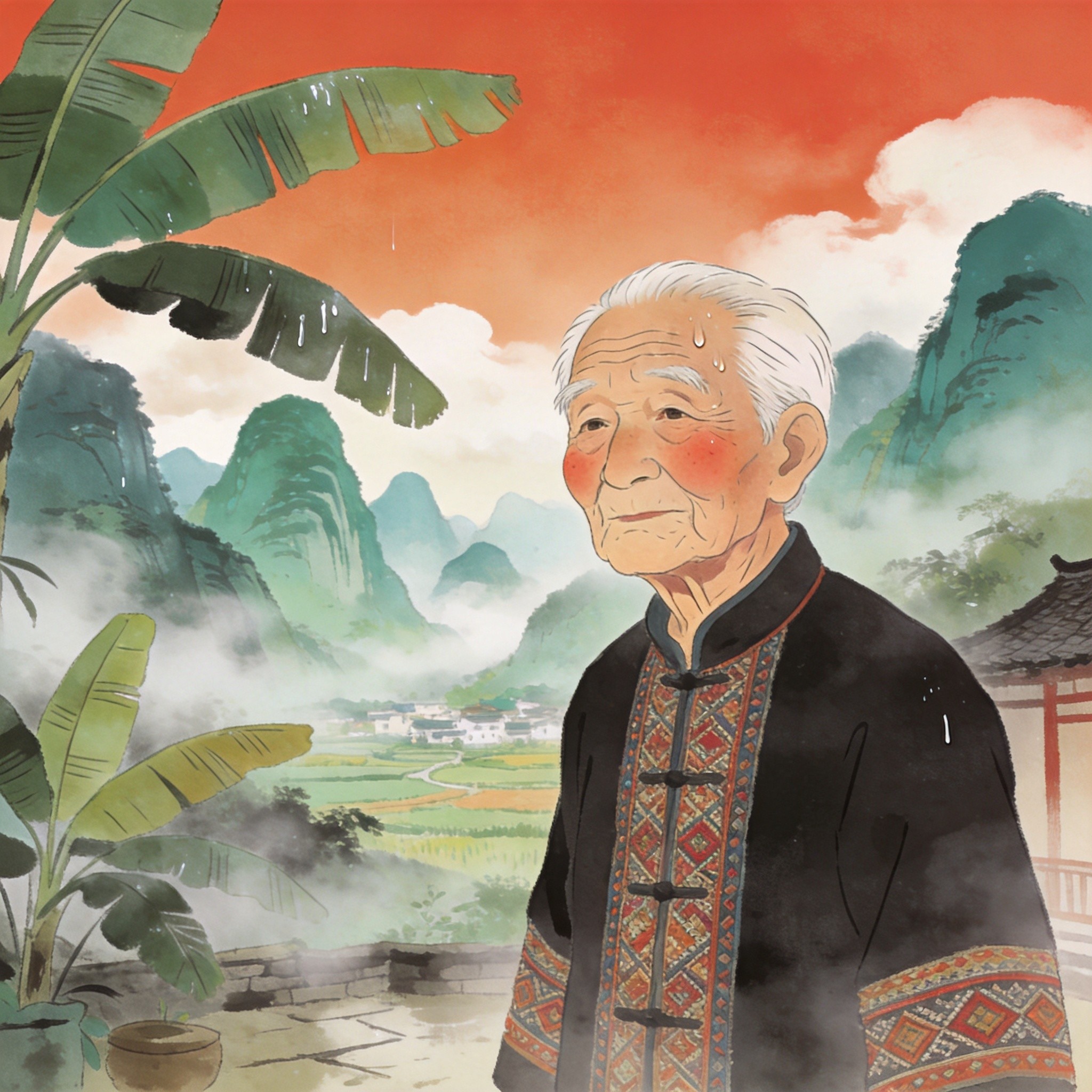 壮瑶七质 · 湿热质插画：南方庭院中的长者